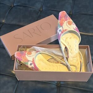 Franco Sarto Floral Mules in Pink and Cream